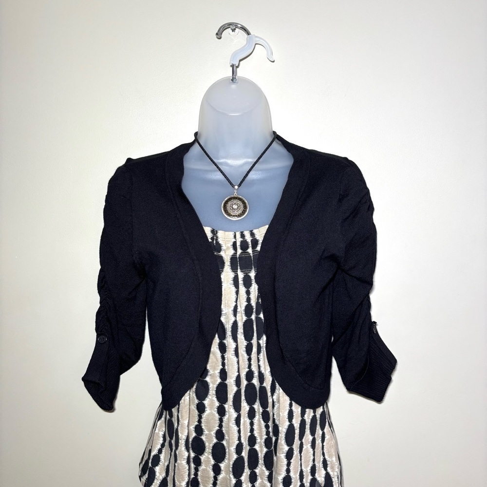 Black Bolero Shrug Cropped Cardigan 3/4 Sleeve Ruched Knit Size S Stylish